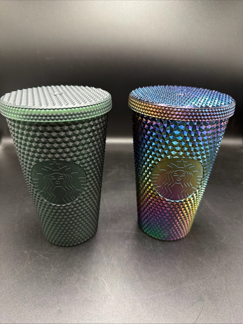(2) Starbucks Iridescent & Matte Dark Green Studded Tumblers 16oz Cups No Straws